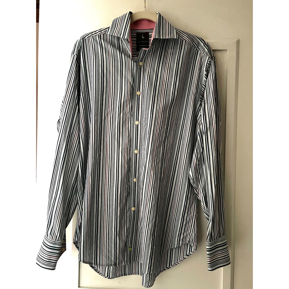 Tailorbyrd Mens Multi Color Striped 2 Ply Cotton Button Down Shirt Pink 44x29